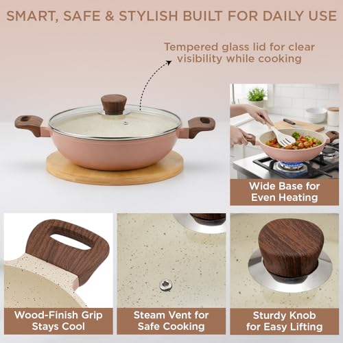 Image of Vinod Ceravit Deep Kadai with Glass Lid 22 cm 1.8 Litre | Non Stick Healthy Cookware | No PFAS & PFOA | Patented NMAC Ceramic Coating | 4.8 mm Thick | Metal Spoon Friendly | Gas & Induction Compatible