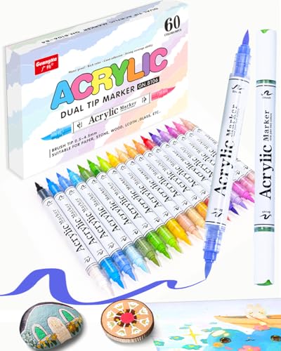 60 Colors Dual Tip Acrylic Paint Markers, 30 Pcs 2 Colors in 1 with Soft Brush Tips & Double Ink Capacity, Paint Markers for Rocks, Canvas, Wood, Fabric, Glass, Plastic, Quick-Drying, Waterproof