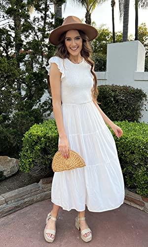 Grecerelle Women Summer Casual Short Sleeve Dresses Empire Waist Knee Length Dress White #TOP4