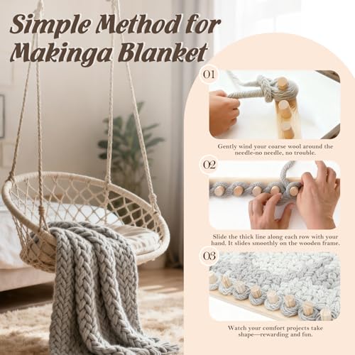 LIGHTLY 46" Chunky Blanket Loom Kit, Wooden Knitting Loom for DIY Blankets, Adjustable Installation Free Wooden Frame, Bulky Blanket Loom Hand Knitting Kit for Beginners