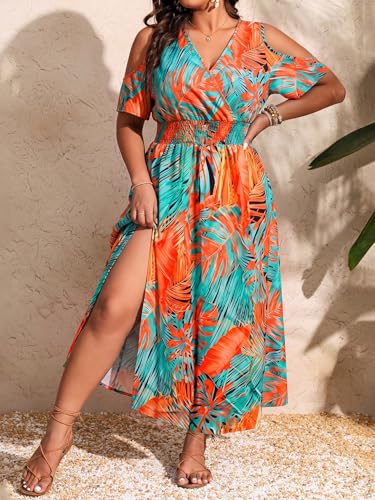 Image of Floerns Women's Plus Size Cold Shoulder Tropical Print V Neck Flared A Line Long Dress
