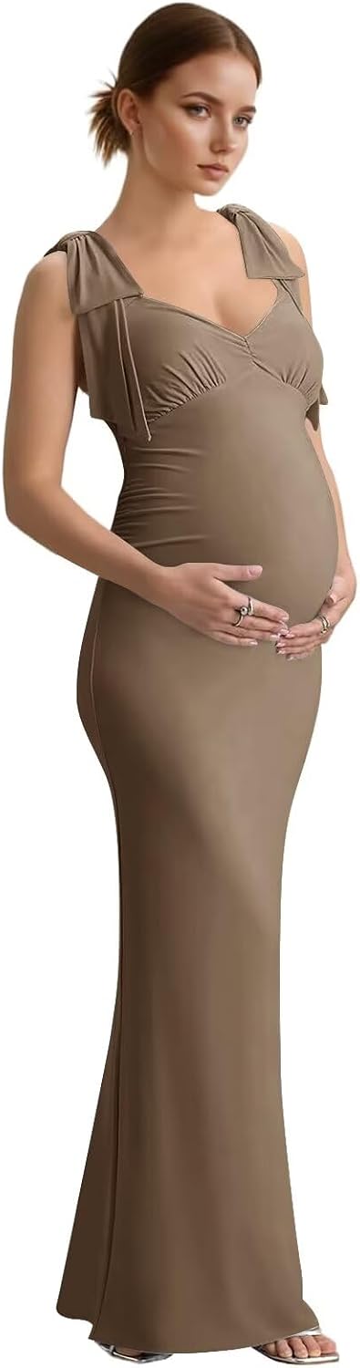 Eightale Satin Mermaid Maternity Dress for Photoshoot Long Bow Straps Pregnancy Gowns for Baby Shower