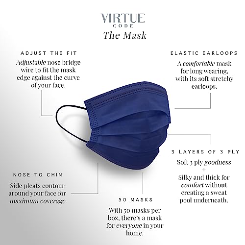 Image of VIRTUE CODE Support Face Masks - Soft 3 Ply Comfort Face Masks, Colorful Disposable Face Mask 50 Pack. Grey Beige Navy Blue Colored Masks. Adults Mens and Womens Disposable Face Masks