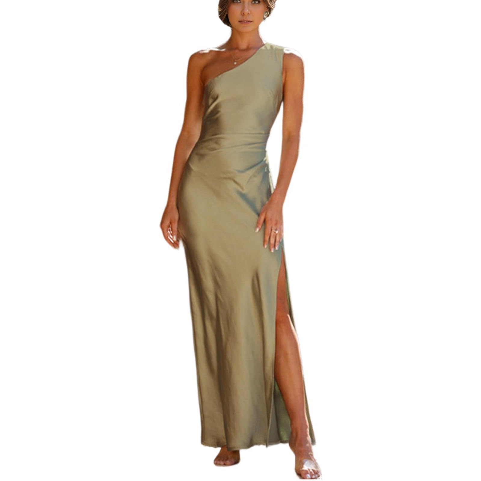 FUPODD Abendkleid Damen Lang Mit Schlitz Cocktailkleid One Shoulder Kleid Satin Festliche Kleider Hochzeit Maxi Abendkleider Elegant Maxikleid Festlich Ballkleid Frauen Hochzeitsgast Abschlusskleid