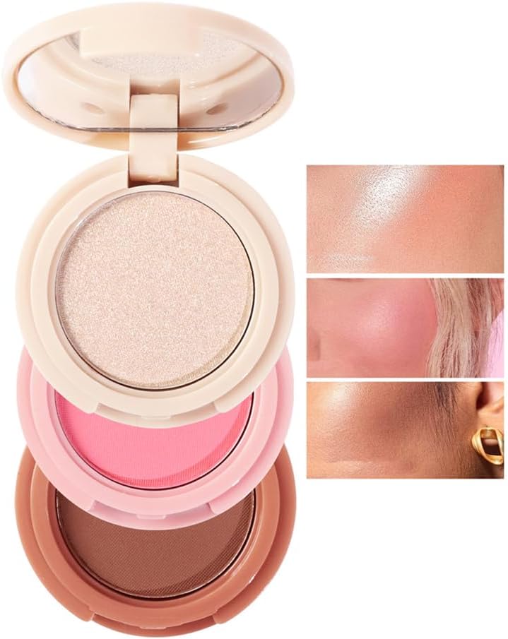 3-In-1 Makeup Palette, Powder Highlighters Makeup, Face Highlighter Palette, Highlighter & Contour & Blush Makeup Palette, Long- Lasting Makeup Blush, Versatile Cosmetic Tool (01#)