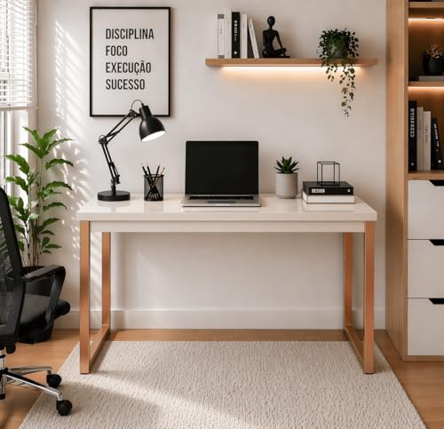 Mesa Escrivaninha Industrial Escritório Home Office (Off White/Rose)