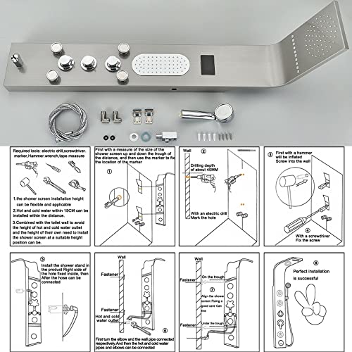 Alenart Shower Panel Tower System Led Multi-Function Shower Panel With Rainfall Waterfall Massage Jets Stainless Steel Tub Spout Hand Shower,Brushed Nickel #TOP6