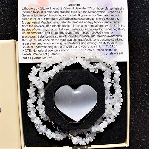 Zenergy Gems Charged 18" Rainbow Moonstone Crystal Chip Necklace Tumble Polished + Selenite Heart Charging Crystal Included #TOP4