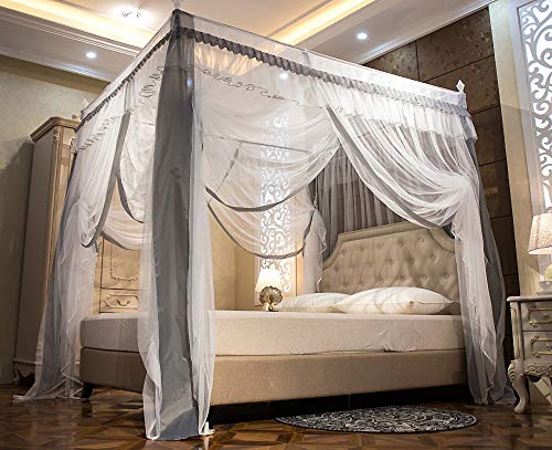 Jqwupup Elegant Canopy Bed Curtains, Ruffle Princess 4 Corner Post Canopy Netting, Bed Canopy For Girls Kids Adult, Bedding Décor (Queen, Grey) #TOP1
