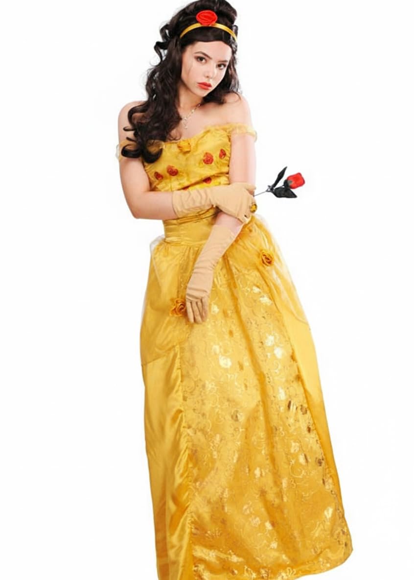 Womens Beauty Style Long Gold Princess Belle Costume (Large (UK 16-18))