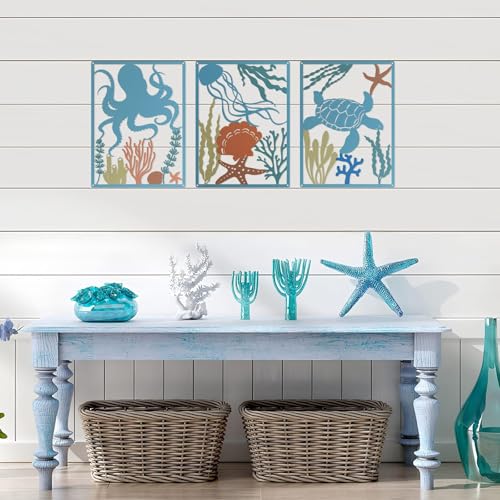 Set Of 3 Metal Beach Wall Decor, Blue Sea Turtle Octopus Jellyfish Starfish Seashell Wall Sculpture Art, Summer Ocean Coastal Themed Room Living Dining Room Bedroom Bathroom Tropical Beachy Home Decorations