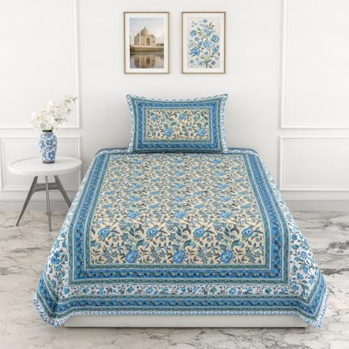Image of elanorhomes Single Bed Sheet Cotton 60 x 90 Inch, with Pillow Cover | Soft Breathable Cotton Bedsheet for Single Bed | Skin-Friendly, Colourfast & Easy Wash (Tropical)