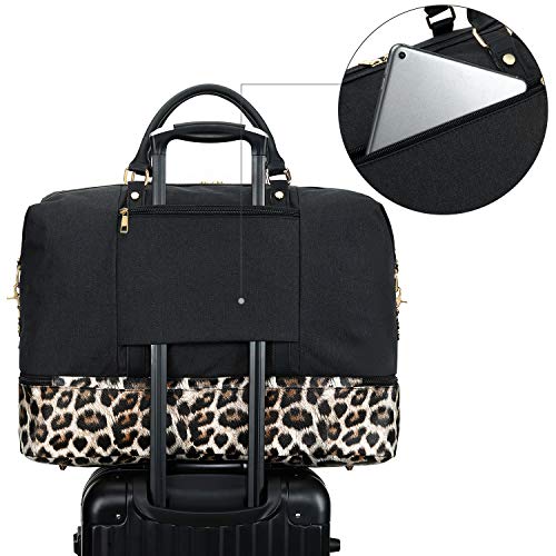 Canvas Overnight Bag Travel Duffel Genuine Leather for Men and Women Weekender Tote (Y-Black)