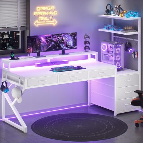 SEDETA 55" Gaming Desk with Drawers, LED Lights & Storage