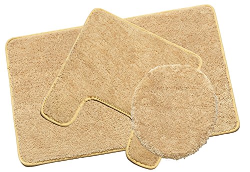 Kashi Home Hailey 3 Piece Bath Rug Set, Bath Mat, Contour Rug, Toilet Seat Lid Cover, Soft Pile, Water Absorbent Solid Color (Beige)