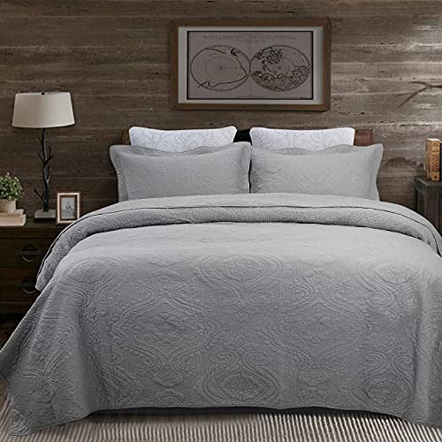 Brandream Luxury Grey Quilted Bedding Set Queen Size 100% Cotton Damask Embroidered Quilt Coverlet Set 3 Piece #TOP5