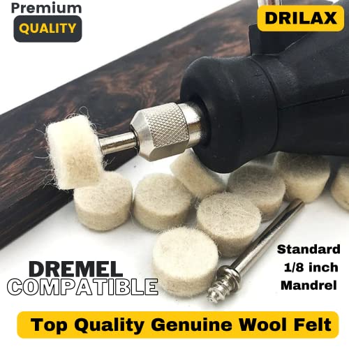 Drilax 100 Pcs 1/2 X 3/8 Inch Wool Felt Polishing Buffing Pad Included 2 Screw Mandrels 401 Compatible Dremel 414 Polishing Wheel Buffing Rotary Tools Attachment #TOP1