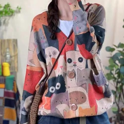 Image of TBUS Women's V Neck Oversized Cat Print Cardigan, Boho Patchwork Knit Sweater Long Sleeve Button Front with Pockets
