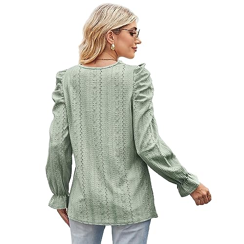 GOTOTOP Blusa feminina de manga comprida com gola redonda e ajuste solto casual preta, Verde claro,