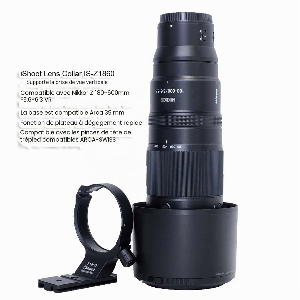 iShoot Bague de Fixation pour trépied Compatible avec Nikon Nikkor Z 180-600 mm F5.6-6.3 VR, Support d'objectif inférieur Arca-Swiss Fit Plaque à dégagement Rapide pour trépied Arca et stabilisateur