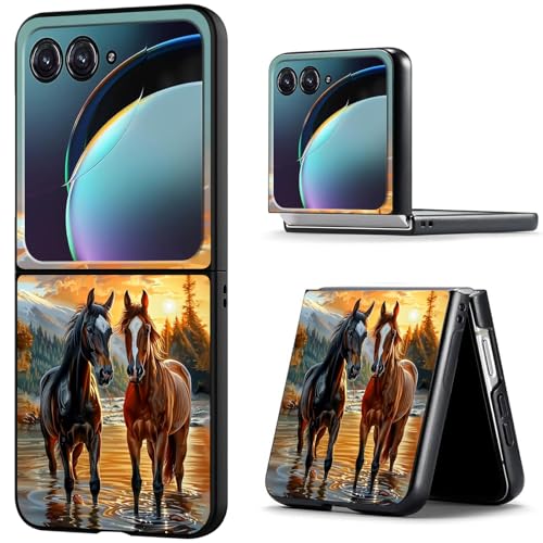 BREIDMKFM for Motorola Razr Plus 2025 Case,for Moto Razr Plus 2025 Case Cute Slim Thin Hard PC Anti-Scratch Shockproof Support Wireless Charging Protective Cover,Brown Horse Couple