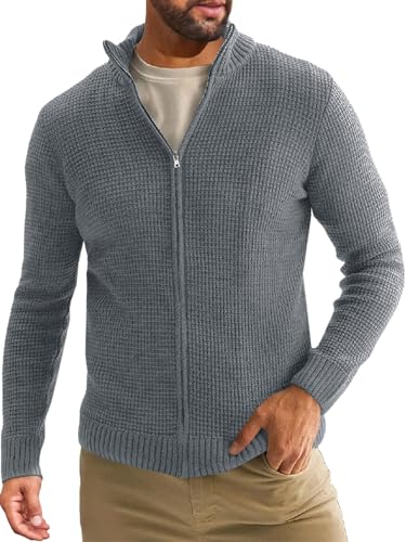 Runcati Mens Full Zip Cardigan Sweater Casual Waffle Stand Collar Knitted Winter Chunky Sweaters