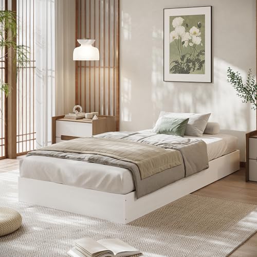 Garvee Twin Size Wood Platform Bed Frame, Floor-Standing No-Gap Design, Modern Minimalist No Headboard Bed Frame, Wood Slat Support, No Box Spring Nee