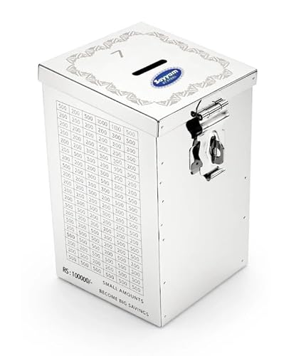 Sayyam Stainless Steel Money Bank, Silver, with Lock, 11.5 x 11.5 x 19 cm