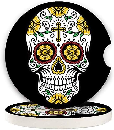 Small 2.56" Absorbent Car Coasters 2 Pack, Auto Coasters for Cup Holders, Ceramic Car Accessories Coasters Absorb Spills to Keep Cupholders Clean (Sugar Skull)