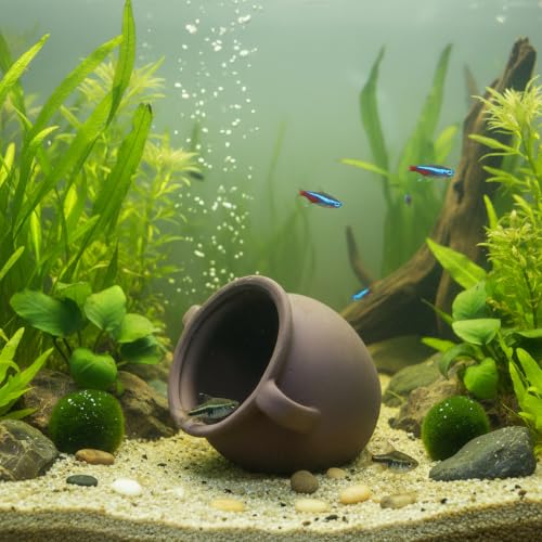 Image of AnRui Ceramic Jar Aquarium Ornament Decor Natural Clay Vase Betta House Hideout Cave Pot Fish Tank Decorations Accessories for Cichlid, Small Fish, Shrimp to Play Hide Breed Habitat, Large