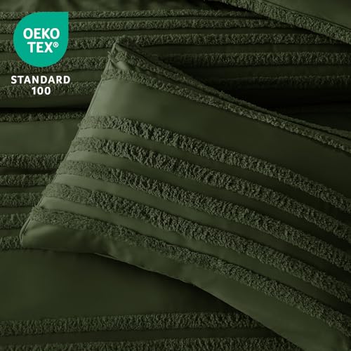 Image of BEDELITE Boho Comforter Set Queen Size, Olive Green Tufted Striped Bed Set 3 Pieces, Soft Vintage Farmhouse Comforter for All Seasons, Boho Home Decor,Fluffy Jacquard Bedding with 2 Pillow Shams