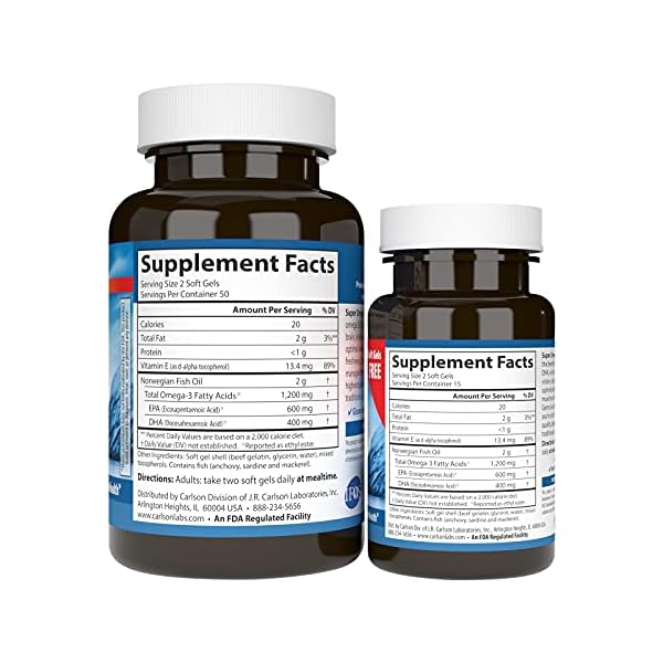 Carlson - Super Omega-3 Gems, 1200 mg Omega-3 Fatty Acids with EPA and DHA, Wild-Caught Norwegian Supplement, Sustainably Sourced Fish Oil Capsules, Omega 3 Supplements, 100+30 Softgels