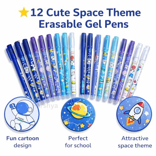 Image of KiddieWorld 12 Pcs Cute Space Theme Erasable Gel Pens Set | 0.5mm Fine Tip Blue Ink | Write Erase Rewrite Pens for Kids Students | Smooth Writing School Stationery Gift
