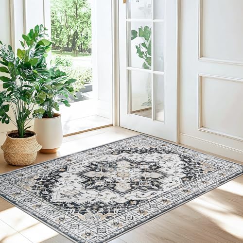 Madane Washable Area Rug 2x3, Small Entryway Rug Non-Slip Vintage Door Mat Indoor Entrance, Low Pile Floor Carpet for Inside Front Door Bedroom Kitchen Entry Laundry (2'x3', Black)