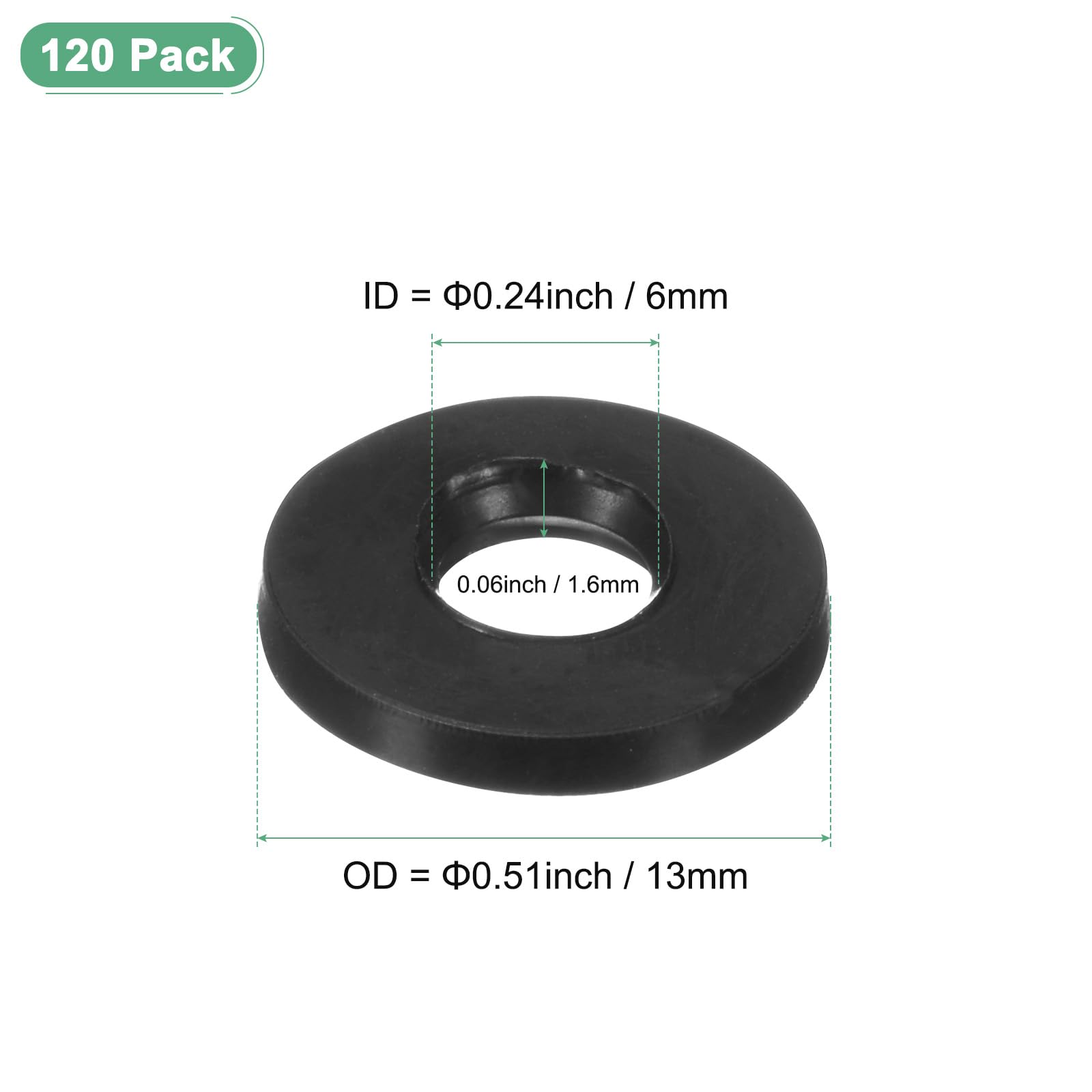 M METERXITY 120-Pack M6 Black Rubber Washer Assorted Kit, 6mm ID 13mm OD 1.6mm Thickness Rubber Flat Washer - Image 3