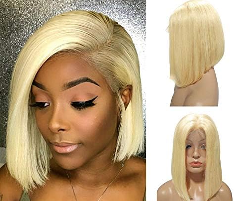 Blonde Bob Wig Human Hair,13x4 HD Lace Frontal 613 Bob Wigs Pre Plucked Glueless Straight 10Inch Middle Part Bleached Knots 180% Density Transparent Blonde Human Hair Wig for Women(Could Be Restyled)