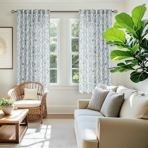 Image of Blue Floral Linen Curtains Patterned Semi Sheer 63 Inch Length 2 Panels Set