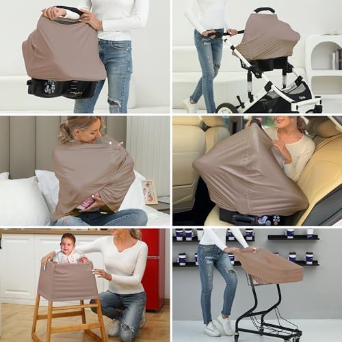 Breathable Car Seat Cover for Babies – Multi-Purpose Soft Rayon Nursing Cover for Breastfeeding, High Stretchy Infant Carseat Canopy, Stroller Cover (Smooth Rayon, Mocha Natural) - 4
