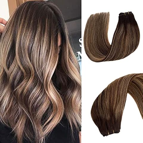 Sew in Weft Hair Extensions Human Hair 22 inch, Blonde Highlights Sew in Hair Extensions Real Human Hair, Brown to Golden Brown Human Hair Weft Extensions Sew in Hair Bundles Hand Tied 120g Cover