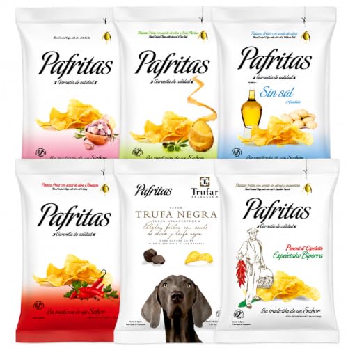 Pafritas® Patatas Fritas Gourmet | Pack Surtido 6 Bolsas Patatas Artesanas con Aceite de Oliva Virgen | Sin Sal + Ajo + Pimentón + Sal Marina + Cayena + Trufa | Snack Premium Vegano