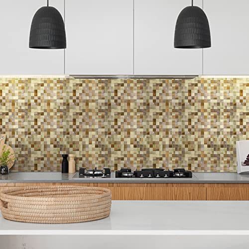 HOMEART Mosaik Fliesen Selbstklebende Fliesenaufkleber für Küche Bad, 30x30cm Quadratische Wandfliesen Metallklebende Fliesen (12 Stück, Gold)