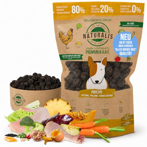 Leckerer! Naturalis Trockenbarf Hund 500g mit 80% Huhn 20% Gemüse-Obst getreidefrei ohne Zusätze 100% Natur - entspricht ca. 2kg Nassfutter - NEU optimiert seit 07-2026