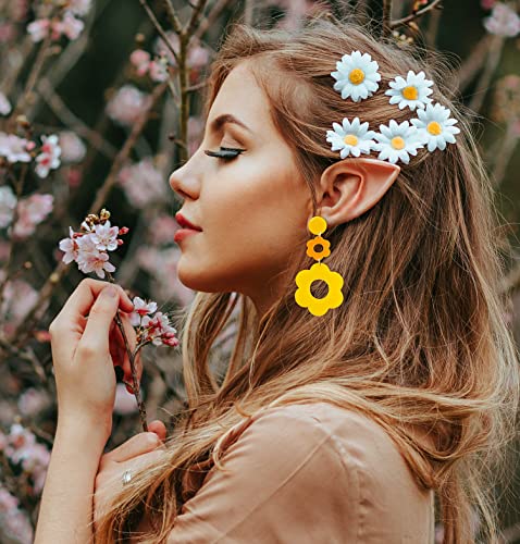 Acrylic Flower Earrings for Women,Double Daisy Drop Earrings,Resin Flowers Floral Earrings for Women Y2k Yellow White Flowers 60/70s Earrings3