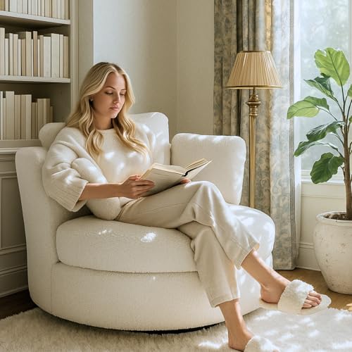 Aortzio 40.6''W Swivel Accent Barrel Chair, Teddy Fabric Upholstered Round Single Couch Sofa with 3 Pillows for Living Room, Apartment, Bedroom (Ivory)