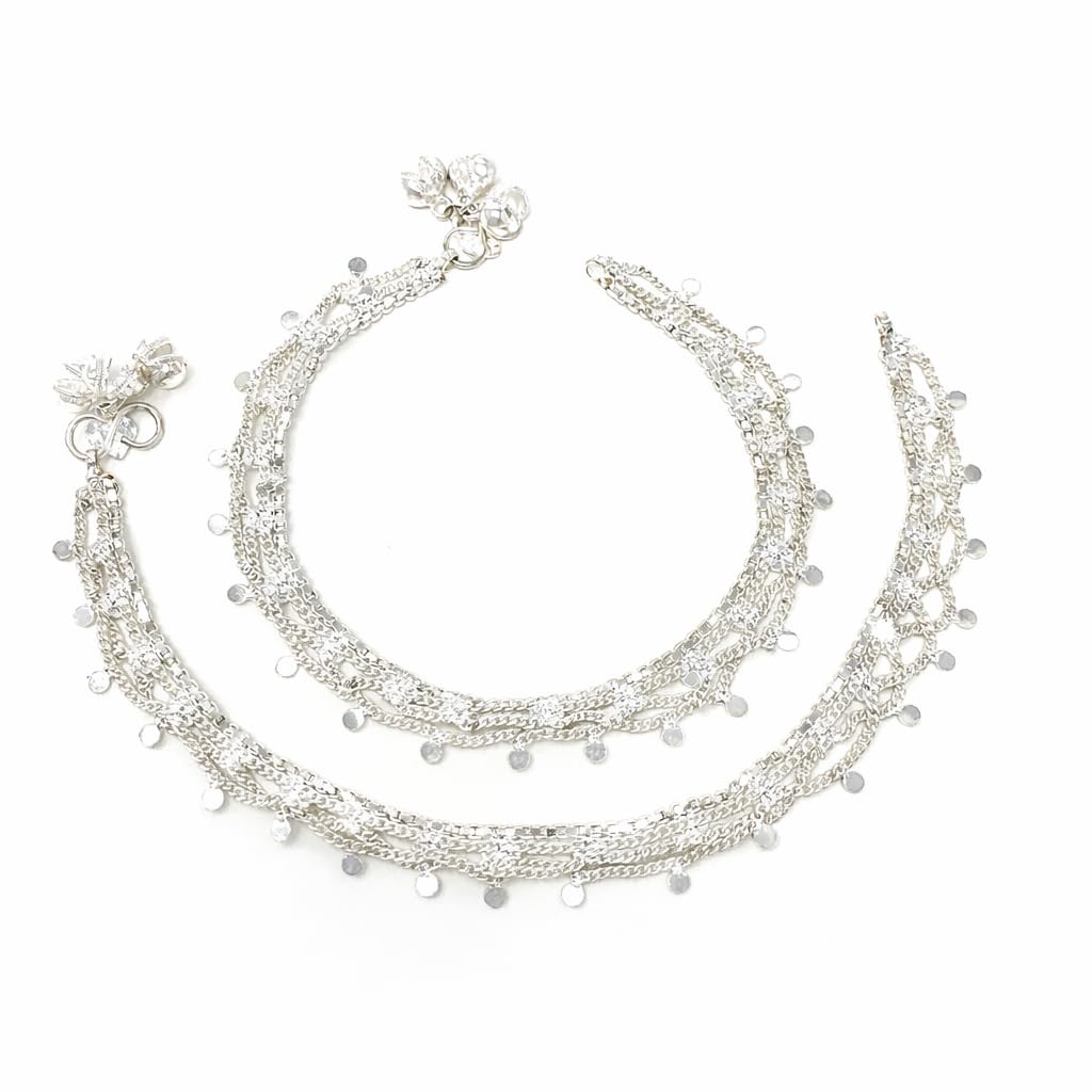 Photo 1 of Duel On Jewel Indian Jhanjar Payal for Women with White Stones & Hanging Chain Design, Silver Tone Bell Anklet Pair, 9.63 Inch S Hook Closure, Bridal Wedding Dance Jewelry for Festive & Party Wear