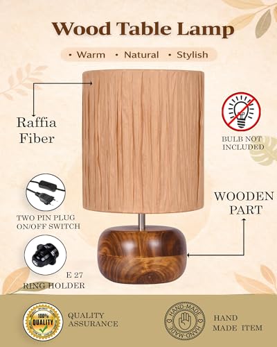Image of Homesake Handcrafted Wooden Base Table Lamp with Warm Shade, Livra, Bedside Night Light for Bedroom, Living Room, Study Table, Home Decor, Ambient Lighting