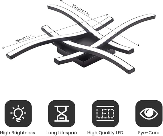 Modern LED Ceiling Light, 24W Black Ceiling Light with 4 Wave Design Lamp Tubes, 6500K Cool White Elegant Ceiling Light for Living Room Bedroom Kitchen Hallway Office [Energy Class A]