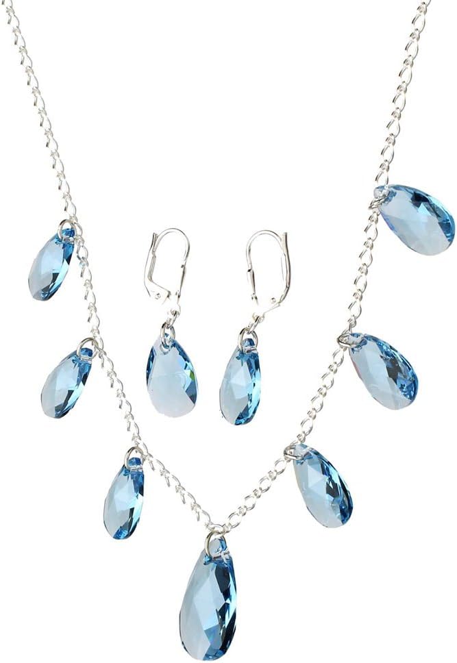 Joyful Creations Sterling Silver Chain Necklace Aqua Crystal Teardrop 16+2" Extender Earrings
