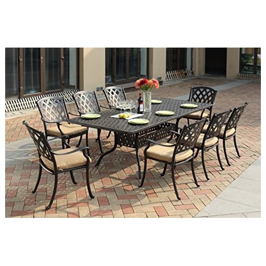 Darlee 201630-9PC-30SLD Cast Aluminum 9 Piece Rectangle Dining Set & Cushions, 42" by 92", Antique Bronze