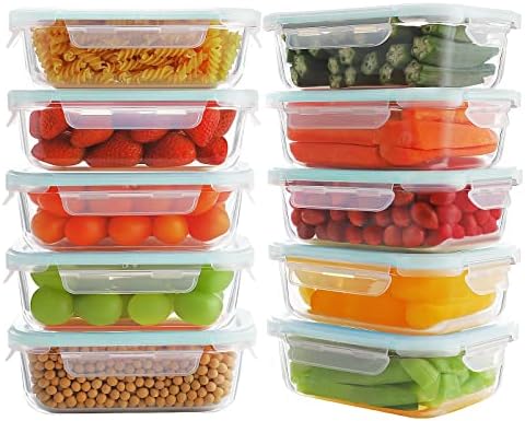 Bayco 10 Pack Glass Meal Prep Containers, Glass Food Storage Containers with Lids, Airtight Glass Lunch Bento Boxes, BPA-Free & Leak Proof (10 lids & 10 Containers)
